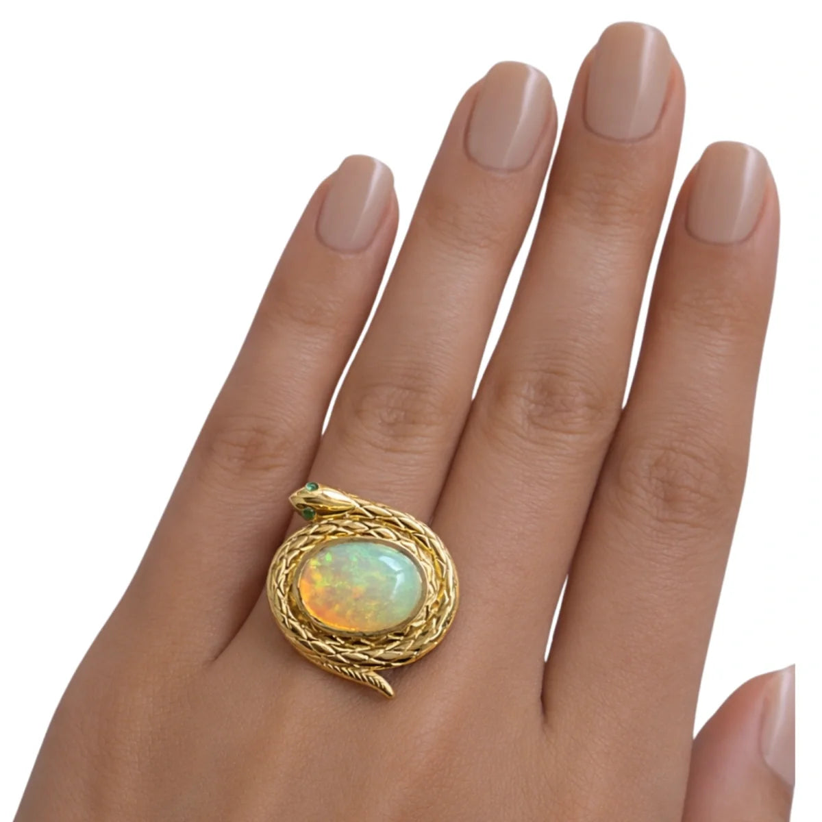 protection snake ring natural ethiopian opal emerald eyes